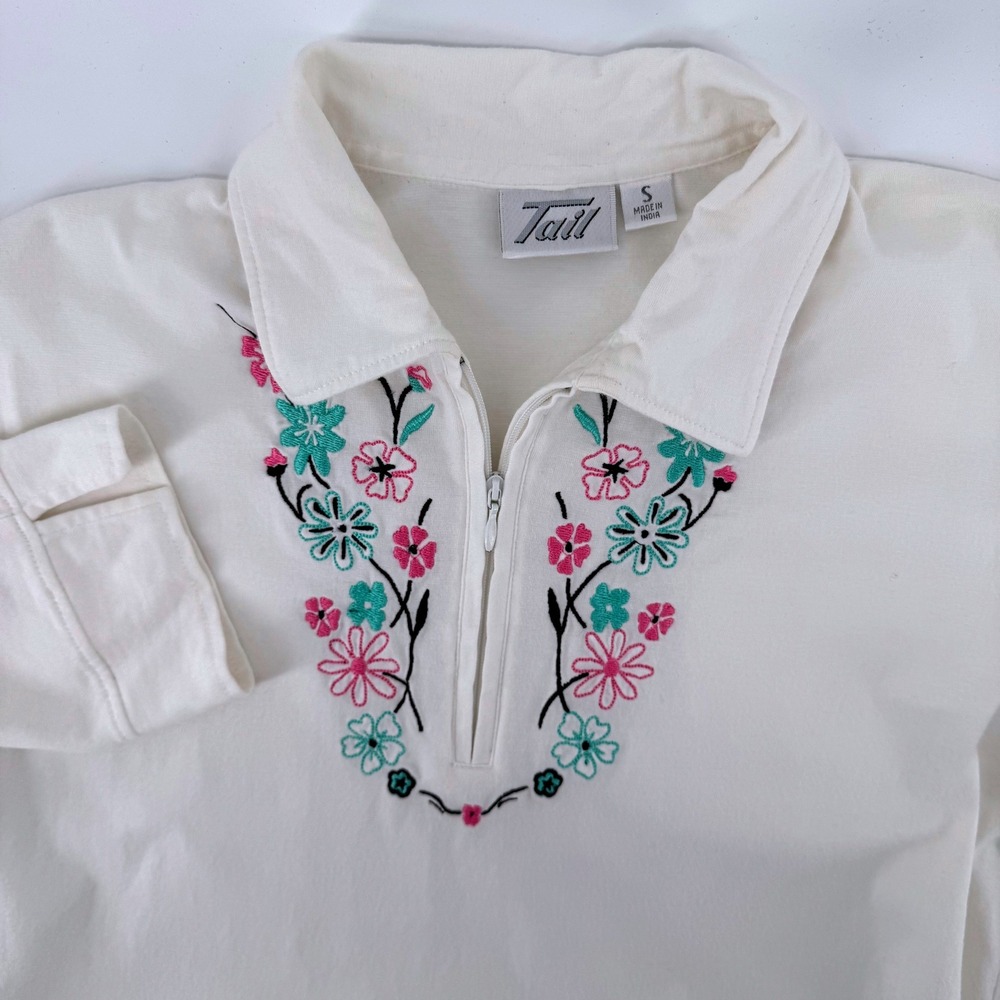 Tail Quarter Zip Golf Activewear Top Small White Floral Embroidered 3/4 Sleeve